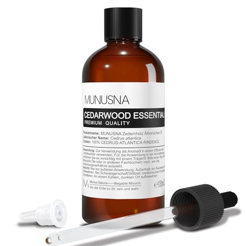 Zedernholzöl Ätherisches Öl 100ML, MUNUSNA Ätherische Öle Zedernholz Reines Natürliches für Glattes Haar, Duftöl Zedernöl für Aroma Diffuser, Cedarwood Oil