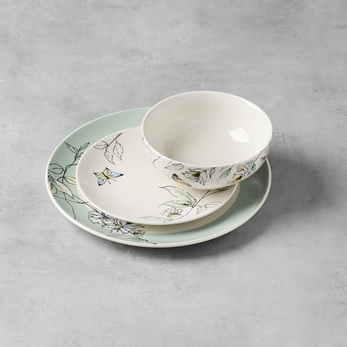 Image of Oneida Dinnerware Set, Botanica 12-Piece Dinnerware Set, Service For 4, Porcelain Material, Dishwasher And Microwave Safe, Bowls, Plates And Bowls, Dinner Dishes, Plates, Home (Green, 12 Piece)