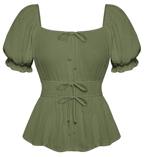 SCARLET DARKNESS Blusa corta de mujer con mangas abullonadas, hombros descubiertos, cintura elástica, tops decorados con lazos, verde amarillento, M
