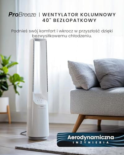 Pro Breeze 101 cm bezłopatkowy wentylator Smart Home z Wi-Fi, pilotem, podświetlanym LED, 6 prędkości, 5 trybów pracy, oscylacja 60°, timer 7h, bardzo cichy wentylator kolumnowy - biały