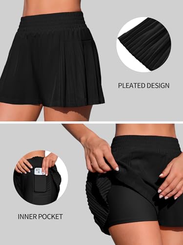 ATTRACO Women's 3" High Waisted Swim Board Shorts Pleated Summer Beach Shorts with Pockets4