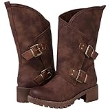 GLOBALWIN Women's Motorcycle Boots Mid-Calf Brown Fashion Biker Boots For Women Low Heel Size 8