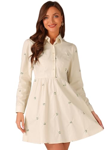 Image of Allegra K Women's Shirt Dress Long Sleeve Collared Floral Embroidered Casual Mini Dresses