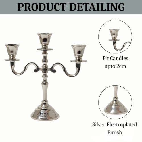 Image of Aluminum Metal 3-Arm 8inch German Silver Candelabra for Dining Table | Vintage Candle Stand for Romantic Dinner, Home & Wedding Decor