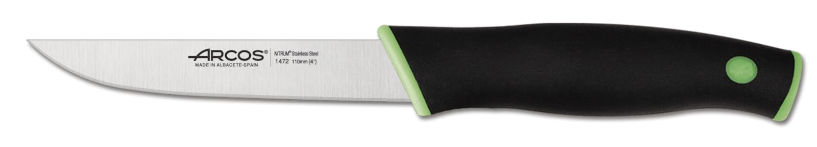 ArcosVegatable Knife 4 Inch Stainless Steel. Professional Vegetable Knife for Peeling Fruits and Vegetables. Ergonomic Polyoxymethylene Handle and 110 mm Blade. Series Duo. Color Black and green.