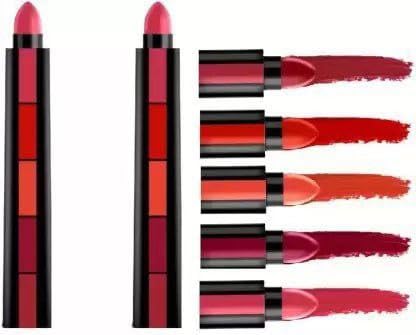 LIP N CHIC GLOW 5 Fabulous Matte Shades 5 Lipstick in 1, (Red) Edition Lipstick Set (10 ml) - (Pack of 2)