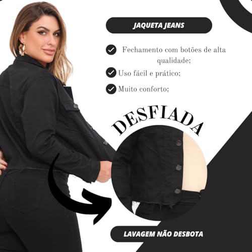 Jaqueta Jeans Feminina Preta Cropped Casaco De Botões Com Manga Comprida Moda Inverno (BR, Alfa, G,
