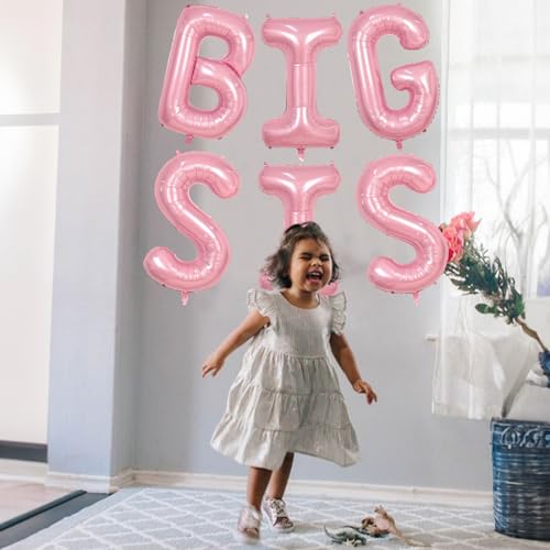 Image of 40 Inch Pastel Pink BIG SIS Letter Balloons, Pearl Pink BIG SIS Balloon Letters with Ribbon, Light Pink Baby Girls Alphabet Balloon for Her Baby Shower Birthday Gender Reveal Party Decoration Supplies