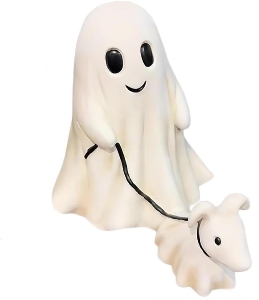 Ghost Walking Dog Figurine -2024 New Halloween Ghost Walking Dog Statue,Indoor Decor,Ghost Walking His Ghost Dog,Perfect for Home and Garden Tabletop Decorations