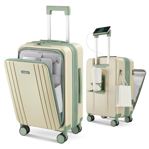 Image of Carry on Luggage Top opening Suitcases, Expandable with Cup&Phone Holder and USB Charging Port,Hardside with Front Pocket Rolling Suitcases with Spinner Wheels & YKK Zippers (Beige, 20 Inch)