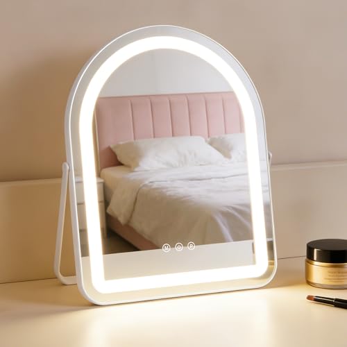 Mursche Espejo de maquillaje con iluminación Hollywood Espejo – 35 × 45 cm LED Vanity Mirror pequeño espejo cosmético con luz espejo de mesa 3 modos espejo tocador táctil regulable