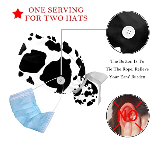 Image of 2 PCS Bouffant Cap with Button Ponytail Pouch Working Cap Sweatband Adjustable Surgical Cap Black and White Cow