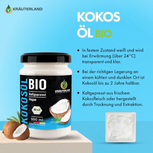 Kräuterland Bio Kokosöl, Kokosfett 500ml - Kokosnussöl nativ, kaltgepresst, hoch erhitzbar - zum Kochen, Braten und Backen in Premium Rohkostqualität