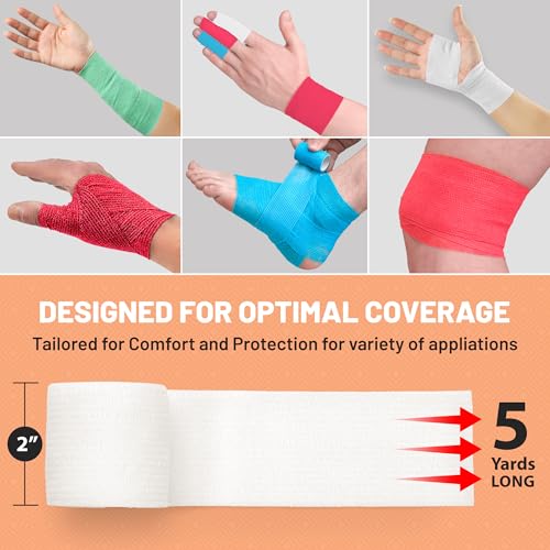 12 Pack, Self Adherent Cohesive Tape - 2” x 5 Yards, Self Adhesive Bandage Rolls and Vet Wrap, Sports Athletic Wraps for Elbow Ankle, Wrist, Knee Sprains and Swelling (Assorted Neon Colors)