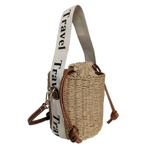 Flower Pearls Rattan Tote Bag Summer Beach Drawstring Straw Bucket Bag Diamonds Woven Handbag