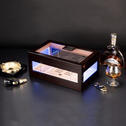 Woodronic Led Lighted Humidor Cigar Box For 100 Cigars, Electric Humidor With Digital Hygrometer, Crystal Gel Humidifier, Spanish Cedar Lining And Acrylic Dividers, Gifts For Fathers #TOP6