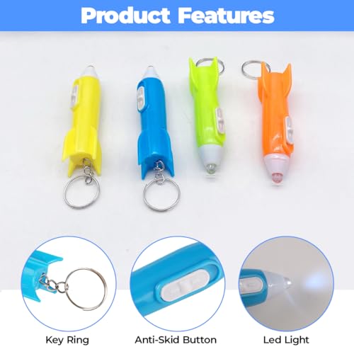 24 Stück Raketen Mini Taschenlampe Schlüsselanhänger Kinder, 4 Farben Mini Taschenlampe Schlüsselanhänger, Raketen Mini Taschenlampe, Mitgebsel Kindergeburtstag Handtaschen, Rucksack-Ornamente