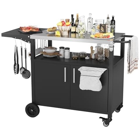 Vongrasig Grill Cart with Storage, Rolling Bar Cart Outdoor BBQ Cart Movable Pizza Oven Table Stand with Foldable Stainless Steel Top & Storage Cabinet, Wheels Cover