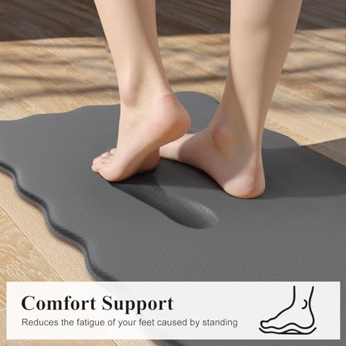KIMODE Anti Fatigue Kitchen Mats for Kitchen Floor,Scalloped Kitchen Rugs Sets of 2 Non Slip,Cushioned Padded Memory Foam Kitchen Floor Mat Carpet for Office Laundry Sink,Grey