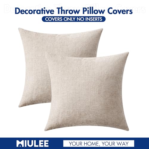 Image of MIULEE Pack of 2 Couch Throw Pillow Covers 18x18 Inch Soft Light Brown Chenille Pillow Covers for Sofa Living Room Solid Dyed Pillow Cases