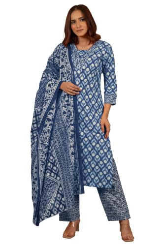 Image of MIRCHI FASHION Pure Cotton Women Straight Batik Print & Mirror Work Kurti Set with Dupatta and Pant