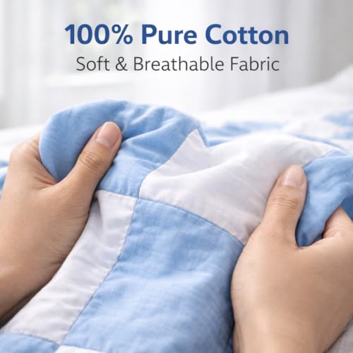 Image of Double Bed Dohar Blue & White Checkered | Lightweight Summer Quilt | Pure Cotton AC Blanket | Breathable All Season Comforter | Skin Friendly Bed Cover
