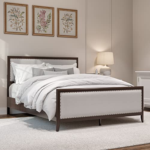 Dg Casa Salerno Wood Platform Bed Frame With Nailhead Trim - Queen Bed Frame With Adjustable Headboard And Full Wooden Slats, No Box Spring Needed - Queen Upholstered Bed Frame In Natural Fabric #TOP2