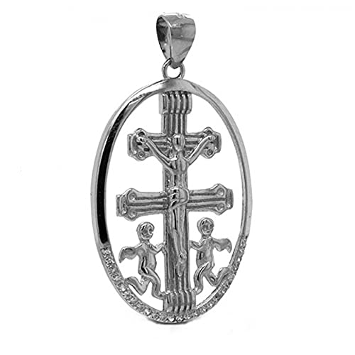 Minoplata Médaille Croix Caravaca, argent massif 925 rhodié avec Zircons blancs, un bijou amulette pour femme, homme ou enfant Cover