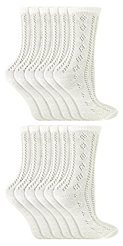 12 Pairs White School Socks for Girls | Girls Ankle Pelerine Pattern Dress Socks (11-14 Years, White)