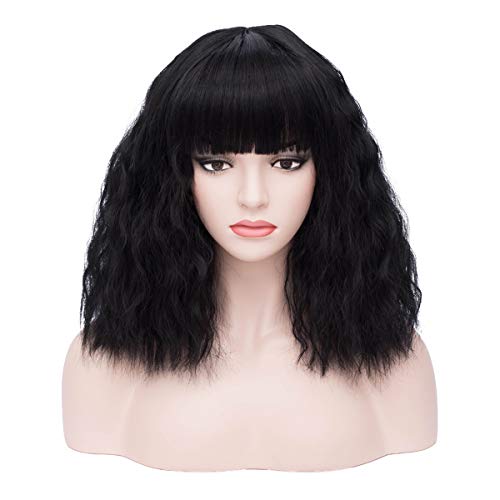 incohair 14 Inches Black Wig with Bangs Short Curly Bob Wig for Women Girls Wig Cap Included
