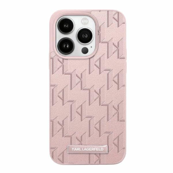 CG Mobile Karl Lagerfeld KLHMP15XPKHPORPP Coque Rigide pour iPhone 15 Pro Max 6,7" Étui Rigide en Cuir Rose Monogramme Metal Logo