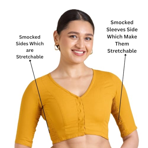 Image of Studio Shringaar Women's Thick Handloom Cotton Plain Side Stretch (Smocked) Readymade Saree Blouse