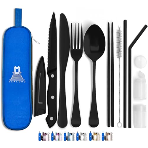 Travel Utensils With Case, 10 Pcs portable silverware set (Black)