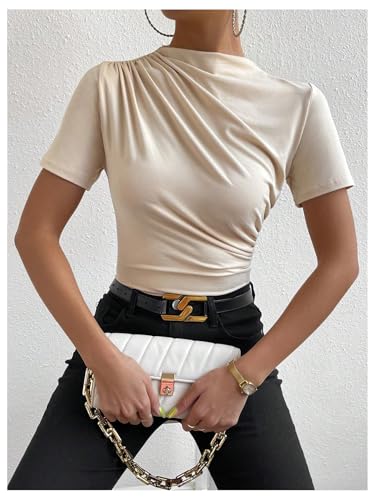 SweatyRocks Women's Ruched Mock Neck T Shirt Short Sleeve Fitted Summer Basic Tops4