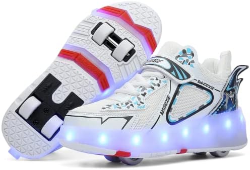 RESLIDE Outdoor Roller Skate Shoes Unisex Light Up Roller Shoes for Girls Boys Double-Rows 4 Small Wheels Skate Sneakers Roller Skates Shoes Ice Skating Parkour Roller Shoes(1 US=32 CN,White Mesh)