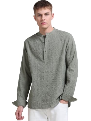 Image of StitchX Men's Seersucker Band Collar Pure Cotton Striped Kurta Shirt-S-2XL