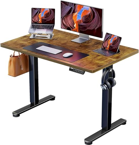 ErGear Escritorio Elevable Eléctrico, Mesa Ajustable en Altura 100x60 cm, Mesa de Oficina con Panel Inteligente de 4 Memorias, Escritorio con Gancho para Mochila y Tablero Ensamblado (Marrón Vintage)