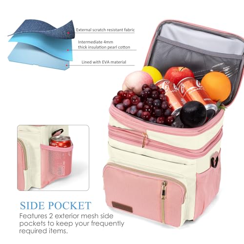 Image of MIYCOO Lunch Bag & Lunch Box for Women Men, Double Deck Leakproof Insulated Soft Large Adult Camping Cooler bag for Work, Beach, Picnic, Travel (Pink White, 15L)