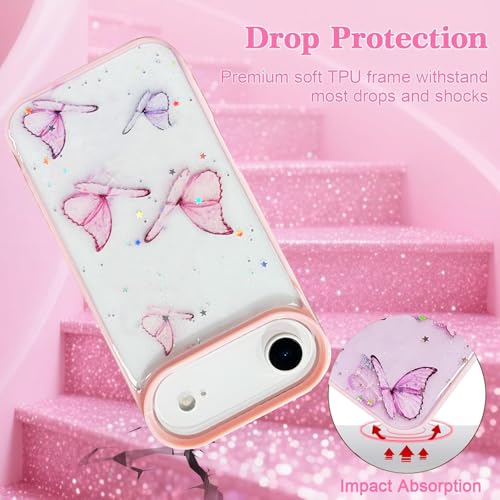 Image of VONZEE Glitter Butterfly Back Cover Case Compatible with iPhone 17 Air, Clear Cute Bling Sparkle Shiny Soft TPU Bumper Shockproof Women Girls Slim Protective Phone Cover for iPhone 17 Air 6.6 inch,Pink