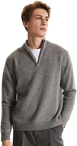 GreenMount Men's Cashmere Fisherman Quarter-Zip Thick Sweater Soft Long Sleeve Stand Collar Pullover Casual Sweater for Men Lightgrey