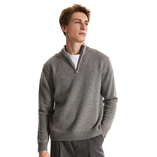 Greenmount Men's Cashmere Fisherman Quarter-Zip Thick Sweater Soft Long Sleeve Stand Collar Pullover Casual Sweater For Men Lightgrey #TOP9