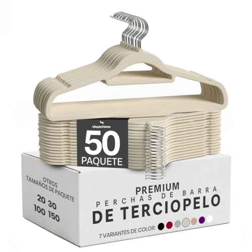 Utopia Home Perchas Terciopelo con Tie Bar (Marfil, Paquete de 50)