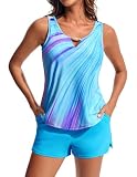 Hanna Nikole Two Piece Tankini Swimsuits Women Blouse Bathing Suit with Tummy Control Shorts Pockets Athletic Swimwear Sky Blue Large