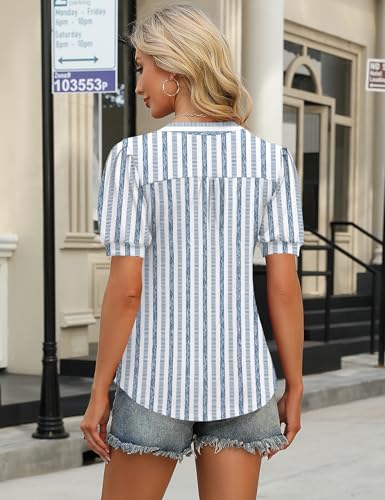 Image of IECCP Womens Tops Puff Short Sleeve Shirts Dressy Casual Henley V-Neck Summer Tops Pleated T-Shirts Loose Fit Tunic Blouses