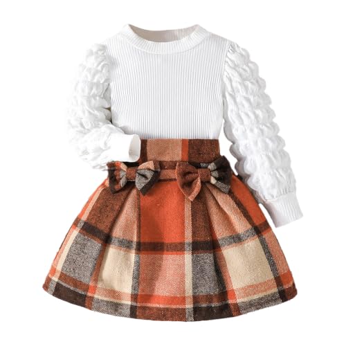 #ColaboraciónPagada<br>Conjunto Elegante para Niña Minifalda a Cuadros y Top con Manga Abullonadas