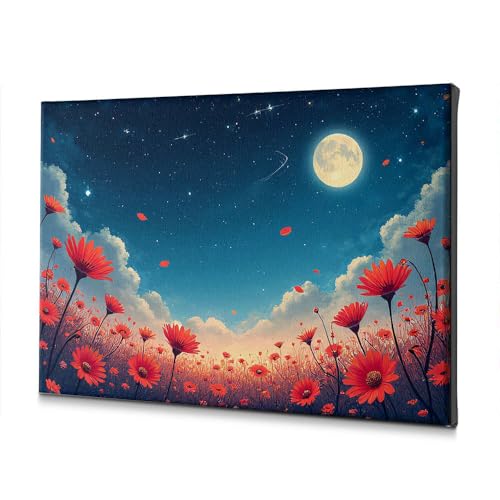 Toile fleurs rouges et lune pour transformer un mur vide en paysage étoilé