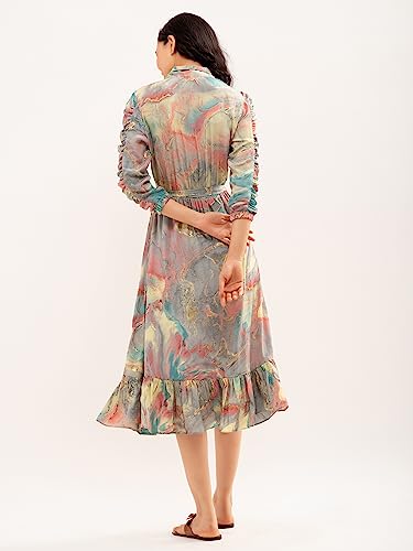 Image of AASK Abstract Printed Puff Sleeve Gathered Detailed Fit Flare Dress