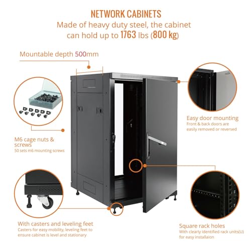 Image of Tecmojo Fully Assembled 18U Network Cabinet AV Rack Black Equipment Rack Enclosure with Casters /Locking Doors with Dual Fan, PDU and Cantilever Shelf Installed (23.6inch DEEP Glass Door)