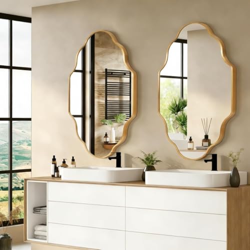 Image of Gold Scalloped Bathroom Mirror, Irregular Wall Mirror with Brushed Metal Frame, HD Glass Decorative Mirror for Wall Decor, Vanity Mirror for Bathroom, Bedroom & Entryway (20 inch x 36 inch, 2 Pack)