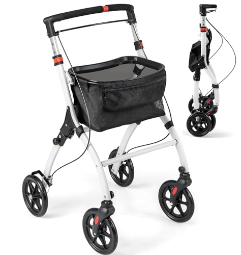 COSTWAY Foldable Rollator, Wheeled Mobility Walker with Storage Basket, Removable Tray, 4 Wheels and Brakes, Lightweight Narrow Walking Aid for Elderly Disabled (White)